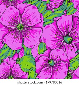 Violet poppy flowers - vector seamless pattern, vivid colors