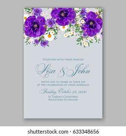 Violet poppy wedding invitation