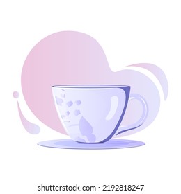 Teebeutel und Untertasse aus violettem Porzellan mit Blumendruck auf abstraktem Farbverlauf-Hintergrund. Teeparty oder Kaffeekonzept für Banner, Website, soziale Medien, App, Flyer und Aufkleber