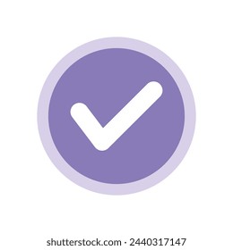 Violet positive vote round button with checkmark accept complete task badge vector illustration. Success confirmation logotype keypad agree approved check mark. Done checkbox. Tick button emoji icon.