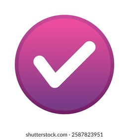 Violet positive vote round button with checkmark accept complete task badge vector illustration. Success confirmation logotype keypad agree approved check mark. Done checkbox. Tick button emoji icon.