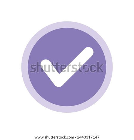 Violet positive vote round button with checkmark accept complete task badge vector illustration. Success confirmation logotype keypad agree approved check mark. Done checkbox. Tick button emoji icon.