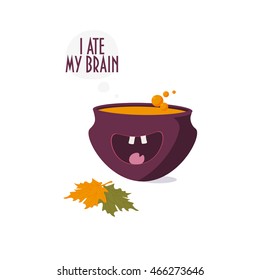 A violet pot with a magic orange potion in. Vector illustration of a cauldron with maple leaves on background. Ready design template for Halloween. Greeting card