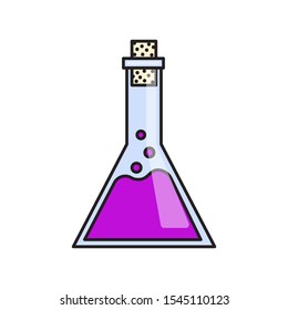 Violet potion in a test tube on a white background. Magic potion. Halloween illustration. Vector clipart. Toxic chemical flask.