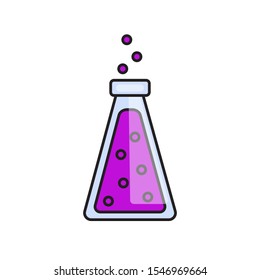Violet potion in a test tube on a white background. Magic potion. Halloween illustration. Vector clipart. Toxic chemical flask.