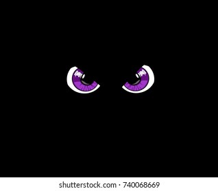 Violet predatory monster eyes isolated on black background. Vector illustration, clip art.