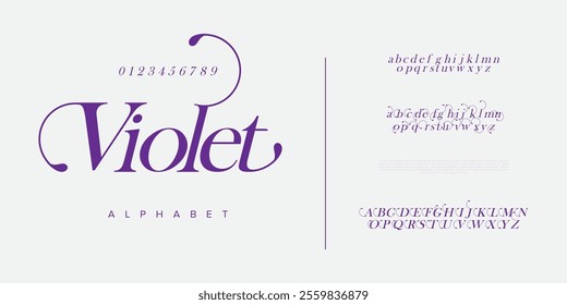 Violet premium luxury elegant alphabet letters and numbers. Vintage wedding typography classic serif font decorative vintage retro. creative vector illustration
