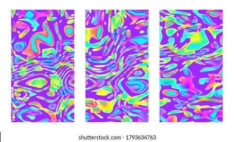 Violet psychedelic backgrounds set for posters and cover designs. Dynamical rippled surface, illusion, curvature for children. Abstract artistic fluid templates