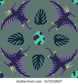 
violet pterodactyl with green tropic leaf and egg seamless pattern