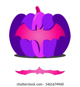Violet pumpkin with a bat. Halloween element. Drawing for menu, catalog, restaurant, cartoon, game, kitchen. Vector illustration