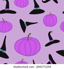 Violet pumpkin and witch hat seamless pattern. Fantastic Halloween seamless pattern. Vector stock illustration.