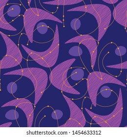 Violet and purple atomic age abstract shapes seamless pattern. Boomerang form repeat background. Fun and cool 50s middle century style tile rapport.