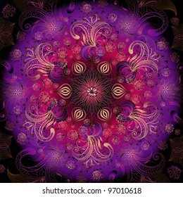 Violet, purple and black round floral frame with filigree gold flowers (vector)