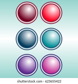 Violet, purple, blue, red transparent play buttons with shadow. Set of vector round buttons violet, purple, blue, red.