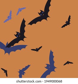 Violet Purple Chaos Gothic Black Bats Vector Background. Night Eyes Attack Creepy Flying Bats Art Pattern. Spooky Motion Retro Colorful Background. Sky Orange Print Scary Halloween Modern Design.