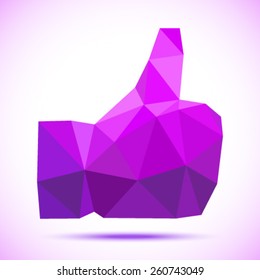 Violet -purple geometric polygonal thumb up icon, vector illustration