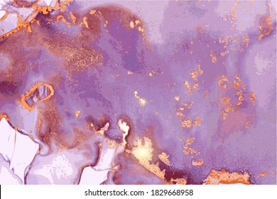 Violet, purple, and gold stone background with texture of marble. Alcohol ink oriental technique. Abstract vector art. Modern flow paint with glitter. Template for banner, poster.