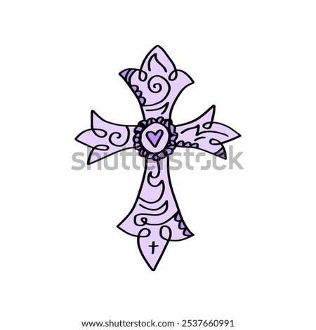 Violet purple gothic cross in yk2 drain goth aesthetic hand-drawn fashion isolated heart. Brush, ink decor element. Ornate patterned trendy vintage design vector, clip-art.