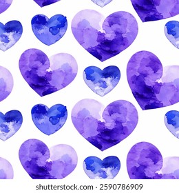 Violet Purple Hearts all kinds of shapes and sizes: Colorful Watercolor Seamless Pattern Wallpaper Curtain Bedding Upholstery Fabric White Background Gift Wrapping Paper Vector