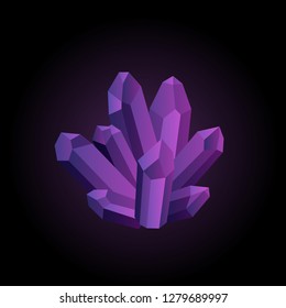 Violet, purple magic glowing crystal, gemstone, gem. Vector gui assets collection in cartoon style for game design isolated on white background. Game treasure element.