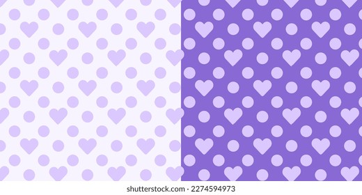 Violet purple Polka dot patterns for Valentine's Day. Hearts, messages of love.Valentine's day pattern. Valentine's day background. Valentine's day card. 14th February.