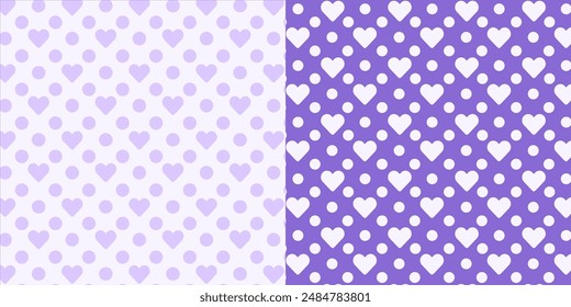 Violet purple Polka dot patterns for Valentine's Day. Hearts, messages of love.Valentine's day pattern. Valentine's day background. Valentine's day card. 14th February.