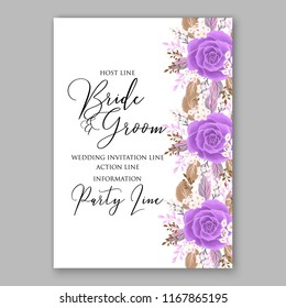 Violet purple Rose Wedding Invitation, invite card Design  watercolor pink, peach rose ranunculus flower privet blue berry,eucalyptus, autumn fall leaf bouquet, frame border Vector floral  template