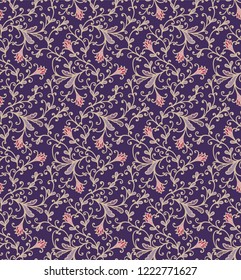 Violet - purple  seamless vector floral pattern on dark background, medieval style