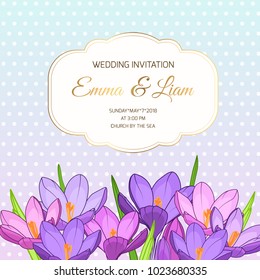 Violet purple spring crocus flowers bouquet. Wedding marriage event invitation card template. Save the date RSVP. Luxury golden vintage border frame with text placeholder. Polka dot background.