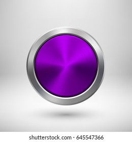 Violet, purple technology circle badge, abstract geometric perforated button template with metal texture, chrome, silver, steel and realistic shadow for logo, design, web, apps. Vector illustration.