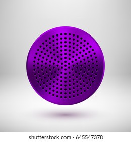 Violet, purple technology circle badge, abstract geometric perforated button template with metal texture, chrome, silver, steel and realistic shadow for logo, design, web, apps. Vector illustration.