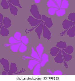 Violet and purple vector seamless pattern. Vector illustration. Tropical seamless pattern with many violet and purple hibiscus flowers.