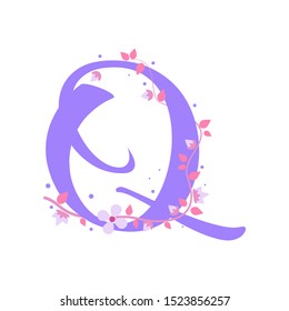 Violet Q letter with flowers, alphabet illustration on white