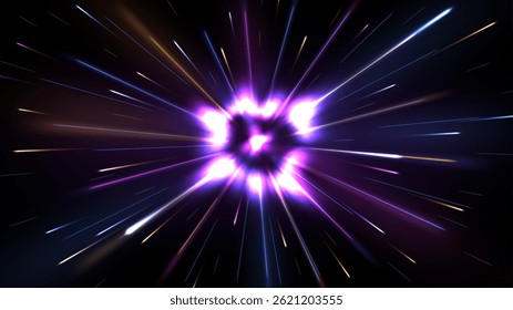 Violet Rays Zoom in Motion Effect, Speed Light Color Trails, Vector Illustration