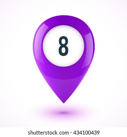 Violet realistic 3D glossy map point symbol. Part of colorful vector set.