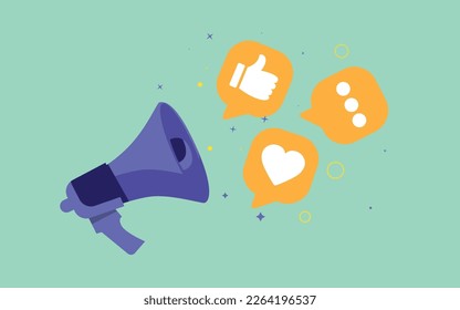 Violet realistic megaphone and  flying thumb up, heart and chat icons isolated on green background. Social media and digital marketing. Vector illustration