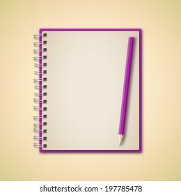 Violet Realistic Notebook and Pencil Vector