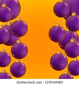 Violet realistic vector shiny Christmas balls on trendy yellow background. Banner for winter holidays and parties. New year flyer design. Christmas template. Beautiful winter ornaments.