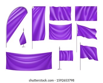 Violet rectangular flags set isolated on white background. Realistic wavy flag on pole, expo banner, drop and desk flag mockups. Product branding, company corporate identity vector illustration.