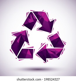 Violet recycle geometric icon made in 3d modern style, best for use as symbol or design element for web or print layouts.