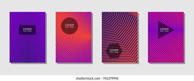 Violet, red and blue halftone covers vector template with lines. Vector journal design geometric shape background set, halftone lines hipster pattern abstract business covers collection.