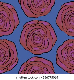 Violet, red and blue roses. Trendy vector seamless Floral Pattern.