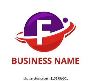 violet and red color planet circle get slice into half logo graphic design with modern clean style for protection or security company with initial type letter f on it