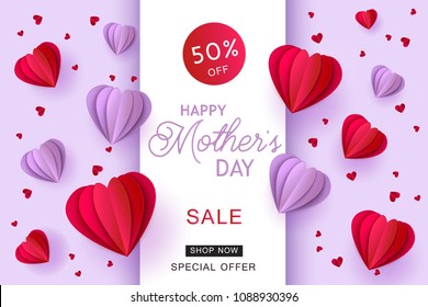 Violet and red folded origami paper heart shapes and sign on pastel background. Isolated holiday promotion vector illustration for Mothers Day special offer banner in trendy paper art craft style.