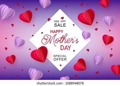 Violet and red folded paper heart shapes and white sticker on gradient background - isolated holiday promotion vector illustration for Mothers Day special offer banner in trendy paper art.