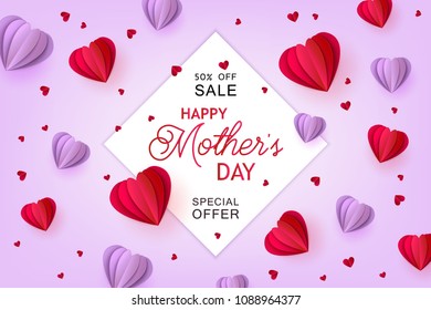Violet and red folded paper heart shapes and sign on pastel background - isolated holiday promotion vector illustration for Mothers Day special offer banner in trendy paper art.