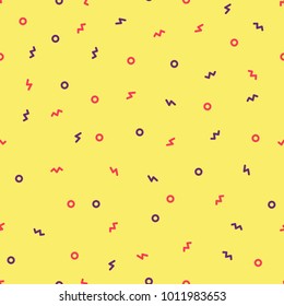 violet and red memphis on pale yellow seamless pattern