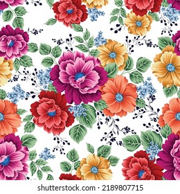 violet red orange blue and yellow vector stock flowers with green leaves bunches pattern of white