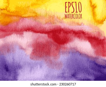 Violet, red, pink and yellow bright abstract gradient watercolor vector background.