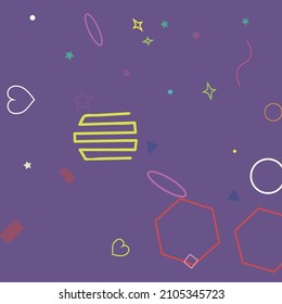 Violet Red Ring Circle Dark Bright Pink Hipster Background. Stars Oval Wave Zigzag Lime Orange Geometrical Design. Polygonal Hearts Yellow Pastel Rectangle Green Simple Illustration.